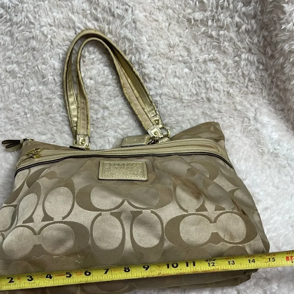 Coach large Tote Bag satin gold Signature F20026 metallic gold trim & Straps.
